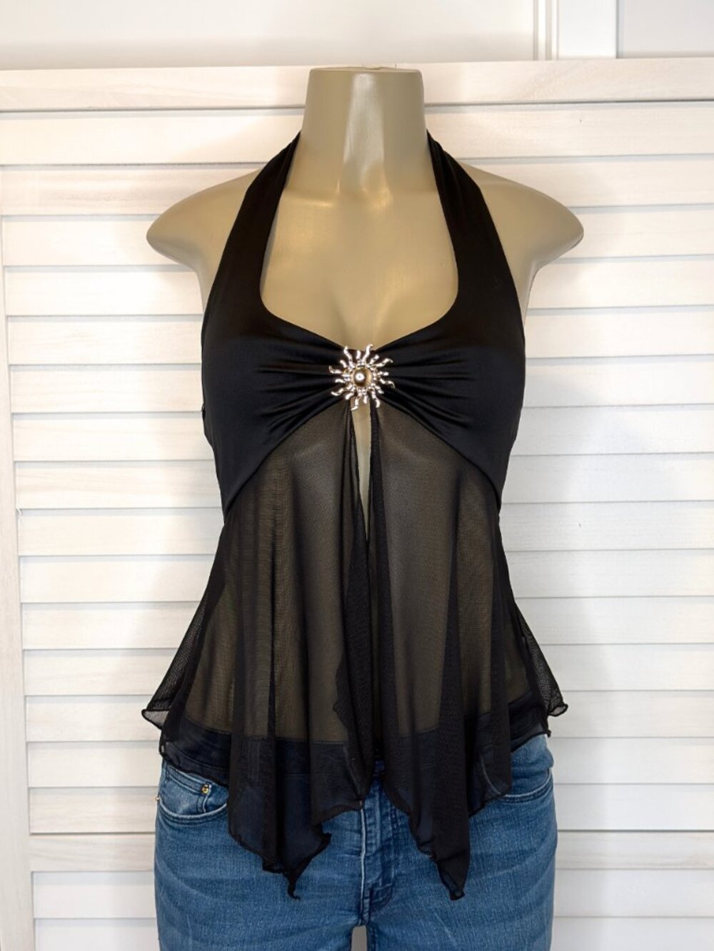 Chocolate USA Black Sheer Mesh Sunburst Halter Top